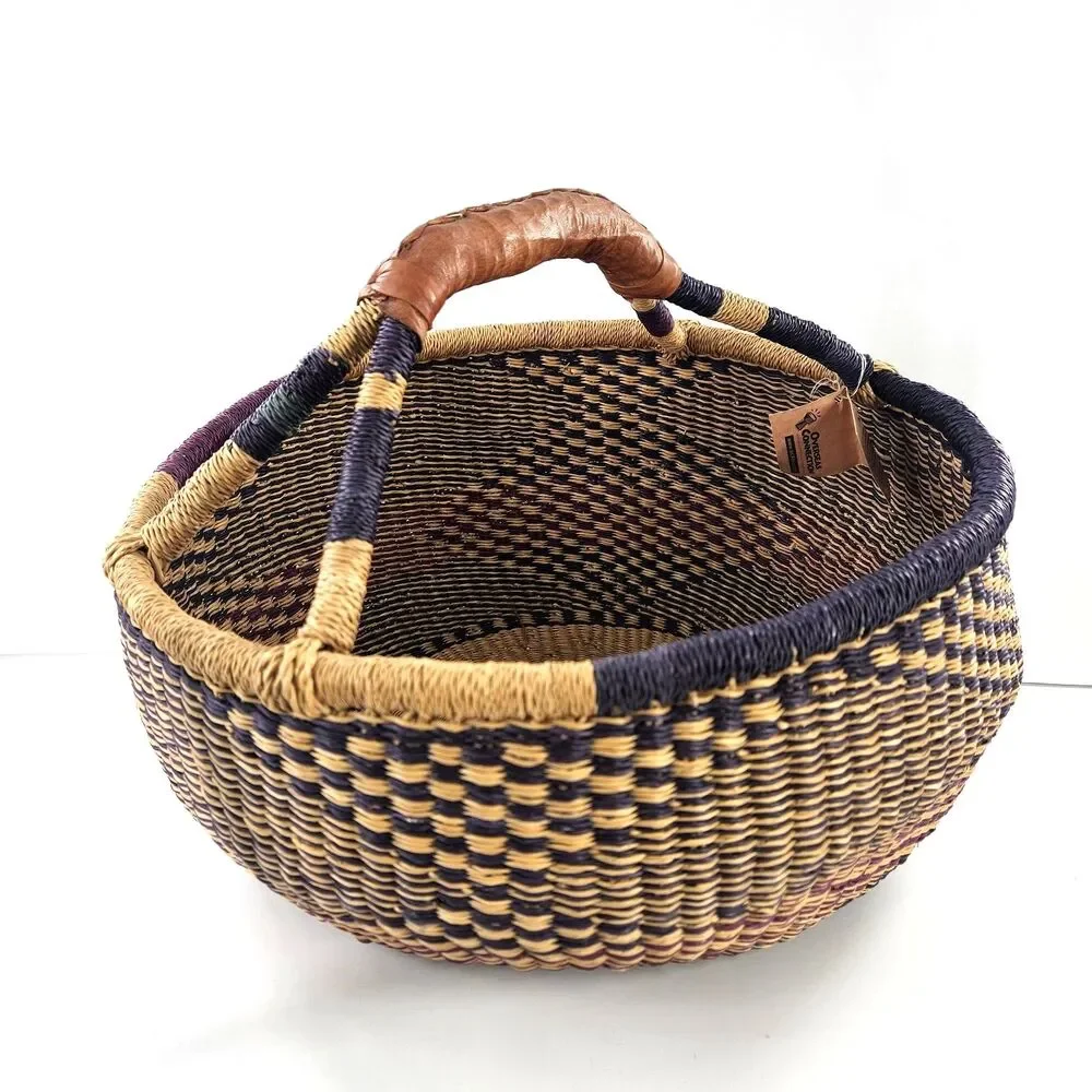 Large Hand Woven Natural African Market Basket Leather Handle 16” Reshapeable